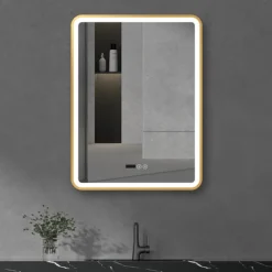 Arezzo Brushed Brass 600 X 800mm Rectangular LED Illuminated Anti-Fog Bathroom Mirror With Time Display -Modern Bath Shop arzim02bb d3