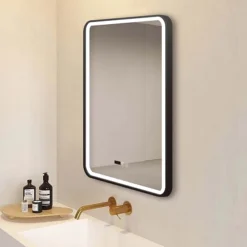 Arezzo Matt Black 600 X 800mm Rectangular LED Illuminated Anti-Fog Bathroom Mirror With Time Display -Modern Bath Shop arzim02mb d1