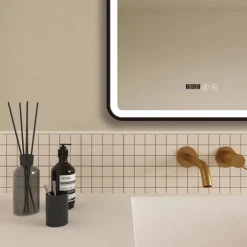 Arezzo Matt Black 600 X 800mm Rectangular LED Illuminated Anti-Fog Bathroom Mirror With Time Display -Modern Bath Shop arzim02mb d2