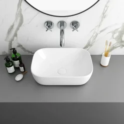 Arezzo Stone Resin Floating Basin Shelf Incl. 2 Curved Rectangular Basins - 1200mm Wide -Modern Bath Shop az12mwslfb2 n d2