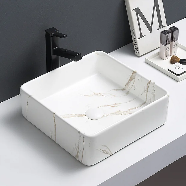 Arezzo 405 X 405mm Square Counter Top Basin - Matt White Marble Effect 1 Arezzo 405 X 405mm Square Counter Top Basin - Matt White Marble Effect