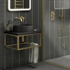 Arezzo 500 Matt Black Stone Resin Worktop With Brushed Brass Wall Mounted Frame -Modern Bath Shop az5bbfrmmb d1