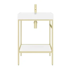 Arezzo 600 Brushed Brass Framed Washstand With Gloss White Open Shelf And Basin -Modern Bath Shop az6bbfpm d4