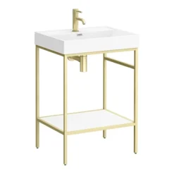 Arezzo 600 Brushed Brass Framed Washstand With Gloss White Open Shelf And Basin -Modern Bath Shop az6bbfpm n d1