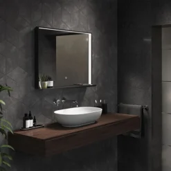 Arezzo Matt Black 800 X 600mm LED Illuminated Bathroom Mirror With QI Charger & Anti-Fog -Modern Bath Shop az8940mb d1