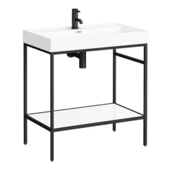 Arezzo 800 Matt Black Framed Washstand With Gloss White Open Shelf And Basin -Modern Bath Shop az8bfpm n d1