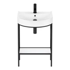 Arezzo D Shaped Curved Matt Black Washstand With Gloss White Open Shelf And Basin -Modern Bath Shop azb222ws d1