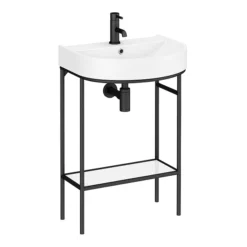 Arezzo D Shaped Curved Matt Black Washstand With Gloss White Open Shelf And Basin -Modern Bath Shop azb222ws detail3