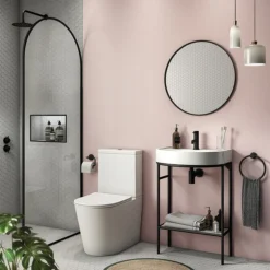 Arezzo D Shaped Curved Matt Black Washstand With Gloss White Open Shelf And Basin