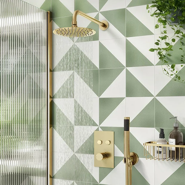 Arezzo Round Brushed Brass Push-Button Shower With Handset + 200mm Rainfall Shower Head 2 Arezzo Round Brushed Brass Push-Button Shower With Handset + 200mm Rainfall Shower Head - Image 2