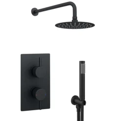 Arezzo Matt Black Round Thermostatic Shower Pack With Head + Handset -Modern Bath Shop rd4blkpk n d1
