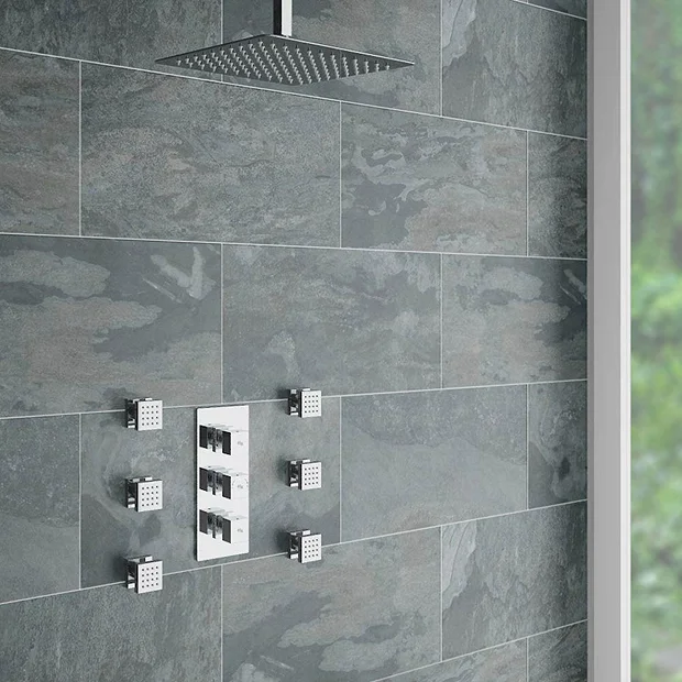 Modern Square Triple Shower Valve, Ceiling Mounted Square Shower Head & 6 Body Jets 2 Modern Square Triple Shower Valve, Ceiling Mounted Square Shower Head & 6 Body Jets - Image 2