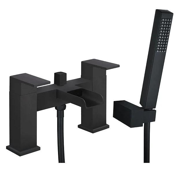 Monza Matt Black Waterfall Bath Shower Mixer Taps + Shower Kit 1 Monza Matt Black Waterfall Bath Shower Mixer Taps + Shower Kit